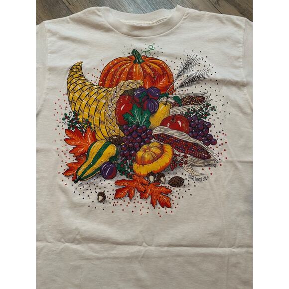 VTG 80s 90s Thanksgiving Shirt Single Stitch Glitter Cornucopia Women's Large - Picture 2 of 8